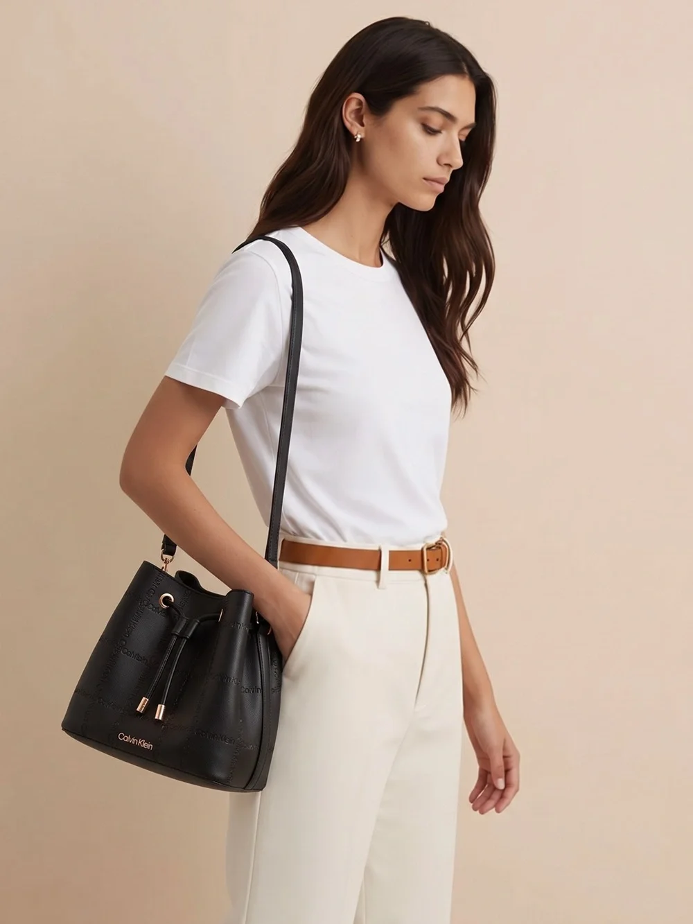 Calvin Klein Black Logo-Embossed Drawstring Bucket Bag